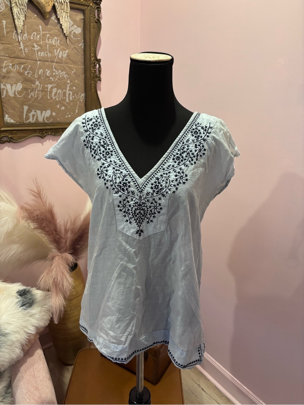 Anthropologie Natura Embroidered V-Neck Blue Top - Picture 2 of 6